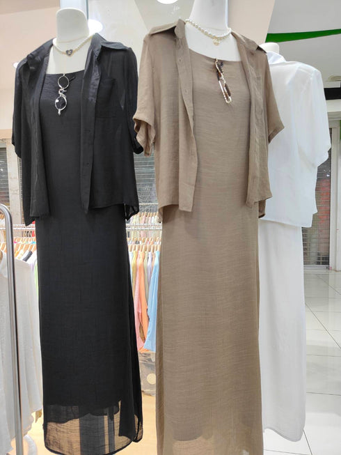 Summer Casual Spaghetti Strap Dresses with Short Sleeves Shirts